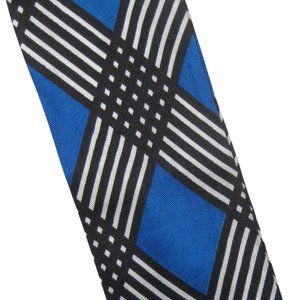 Plaid Stripe Scarf Oblong Rectangle Vintage 1960 1970 Belt 69 inch Blue Black